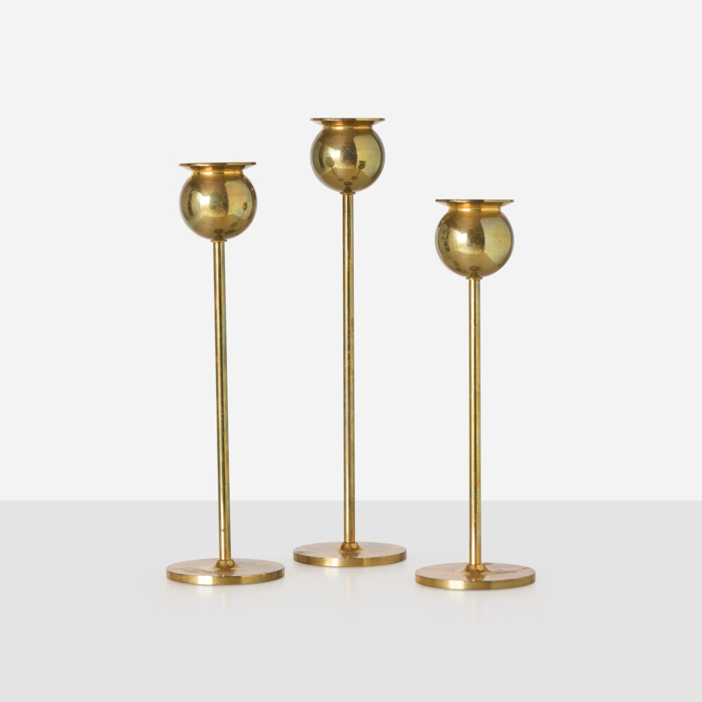 Set of Three Tulip Brass Candlesticks by Pierre Forssell
