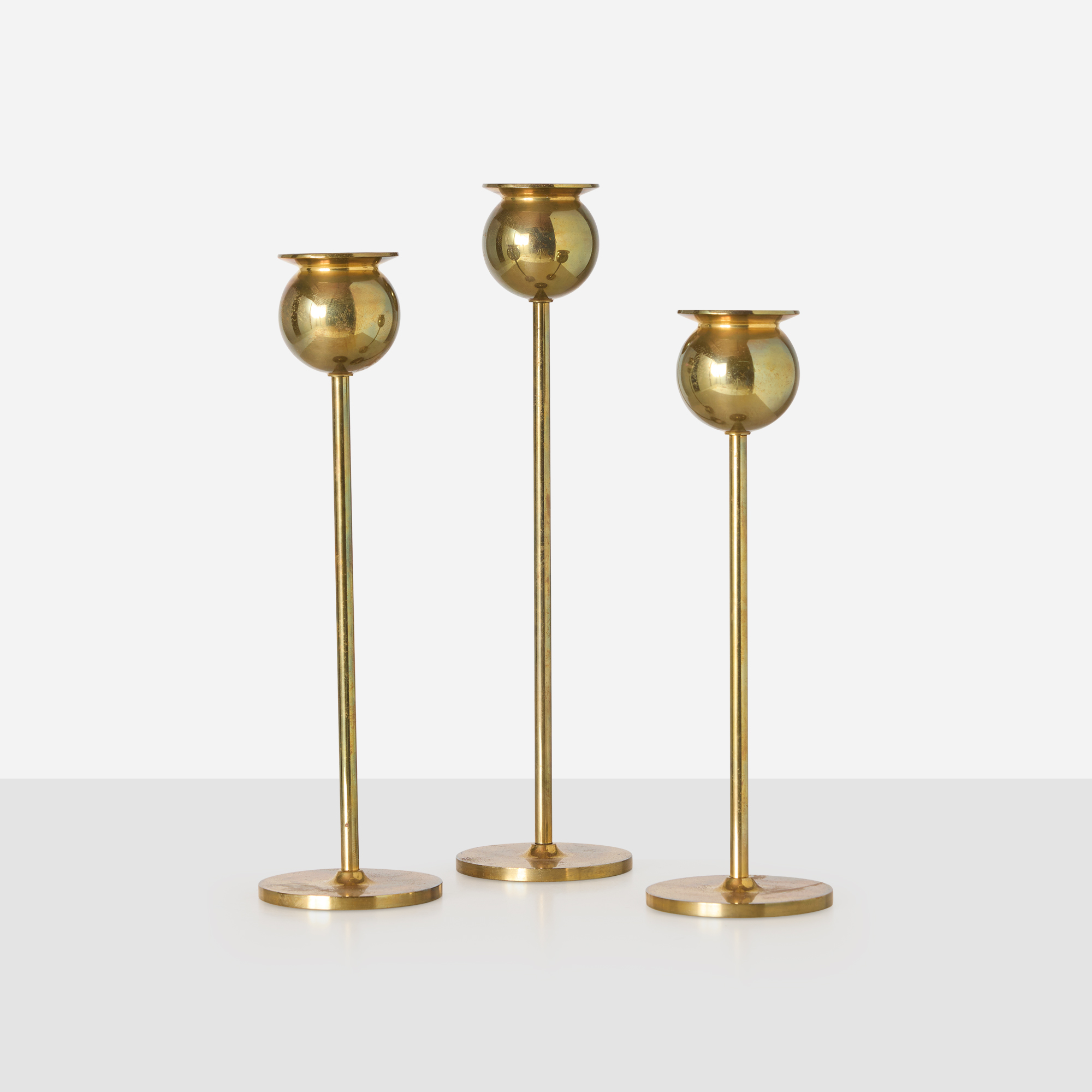 Set of Three Tulip Brass Candlesticks by Pierre Forssell