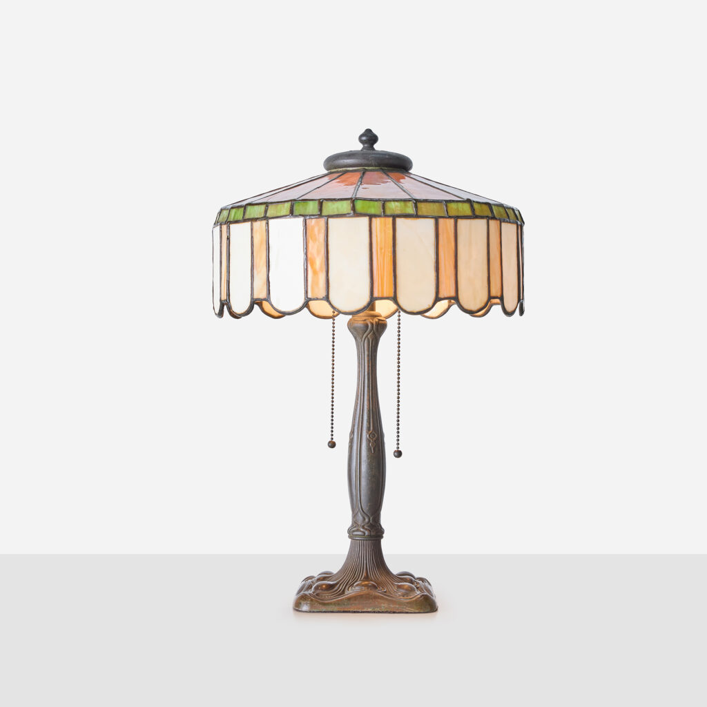 Art Nouveau Slag Glass Table Lamp with Metal Overlay